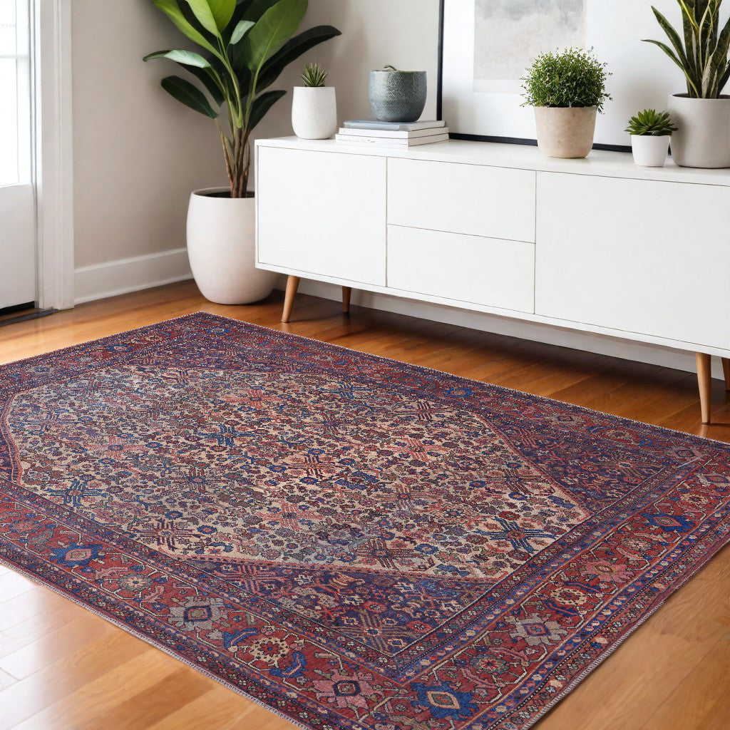 4' X 6' Red Tan And Blue Floral Power Loom Area Rug