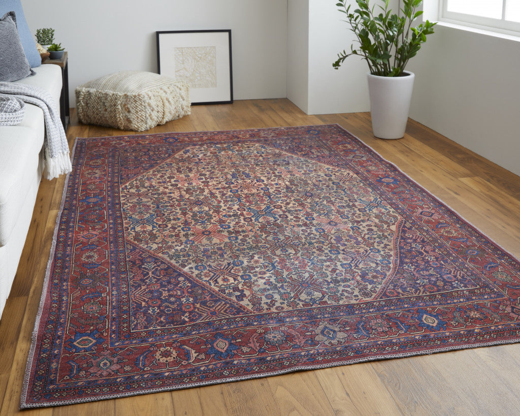 4' X 6' Red Tan And Blue Floral Power Loom Area Rug