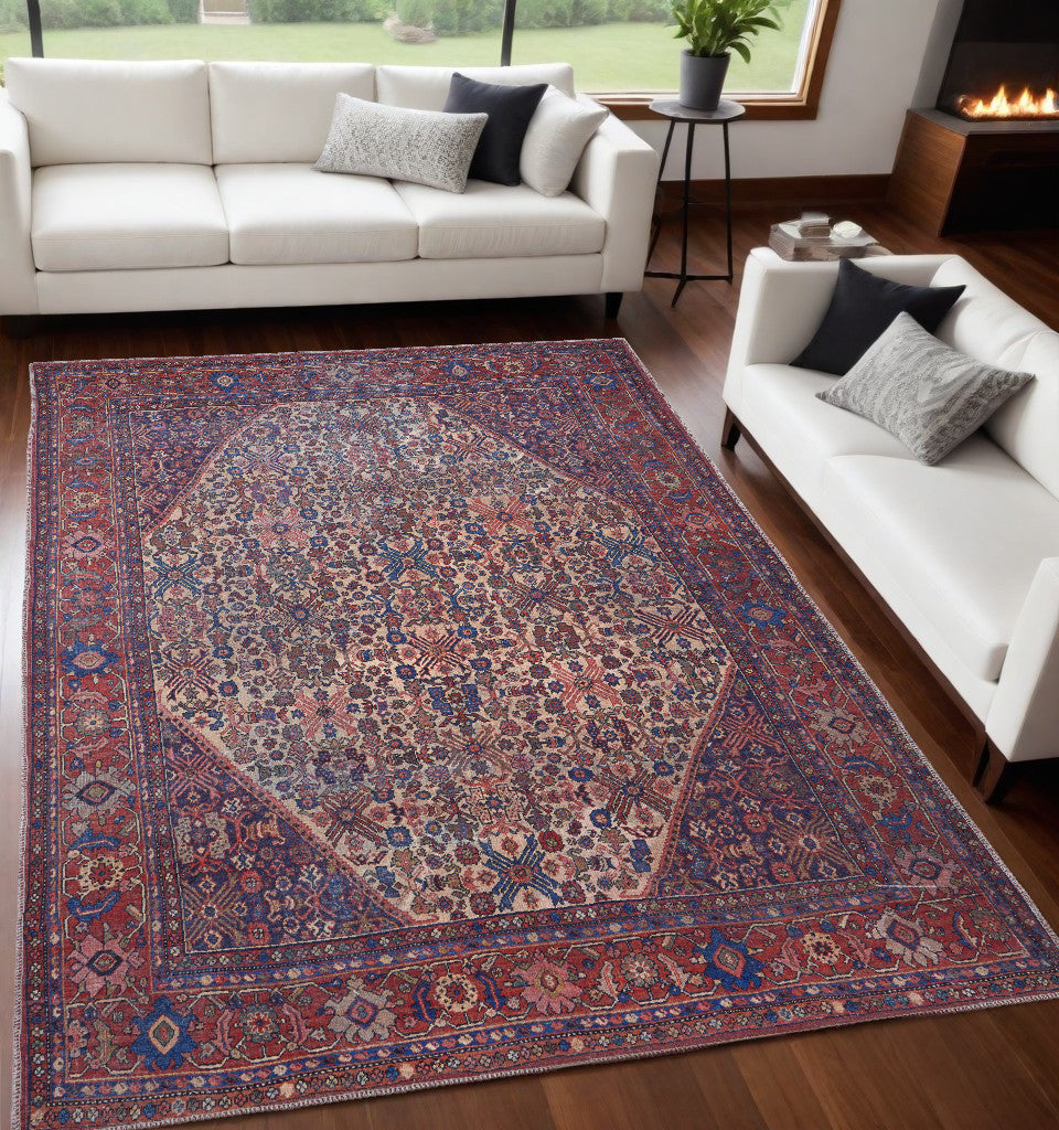 4' X 6' Red Tan And Blue Floral Power Loom Area Rug