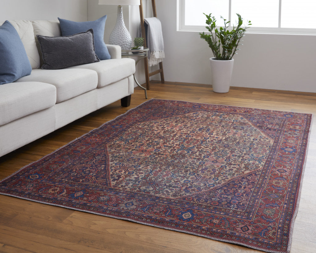 4' X 6' Red Tan And Blue Floral Power Loom Area Rug