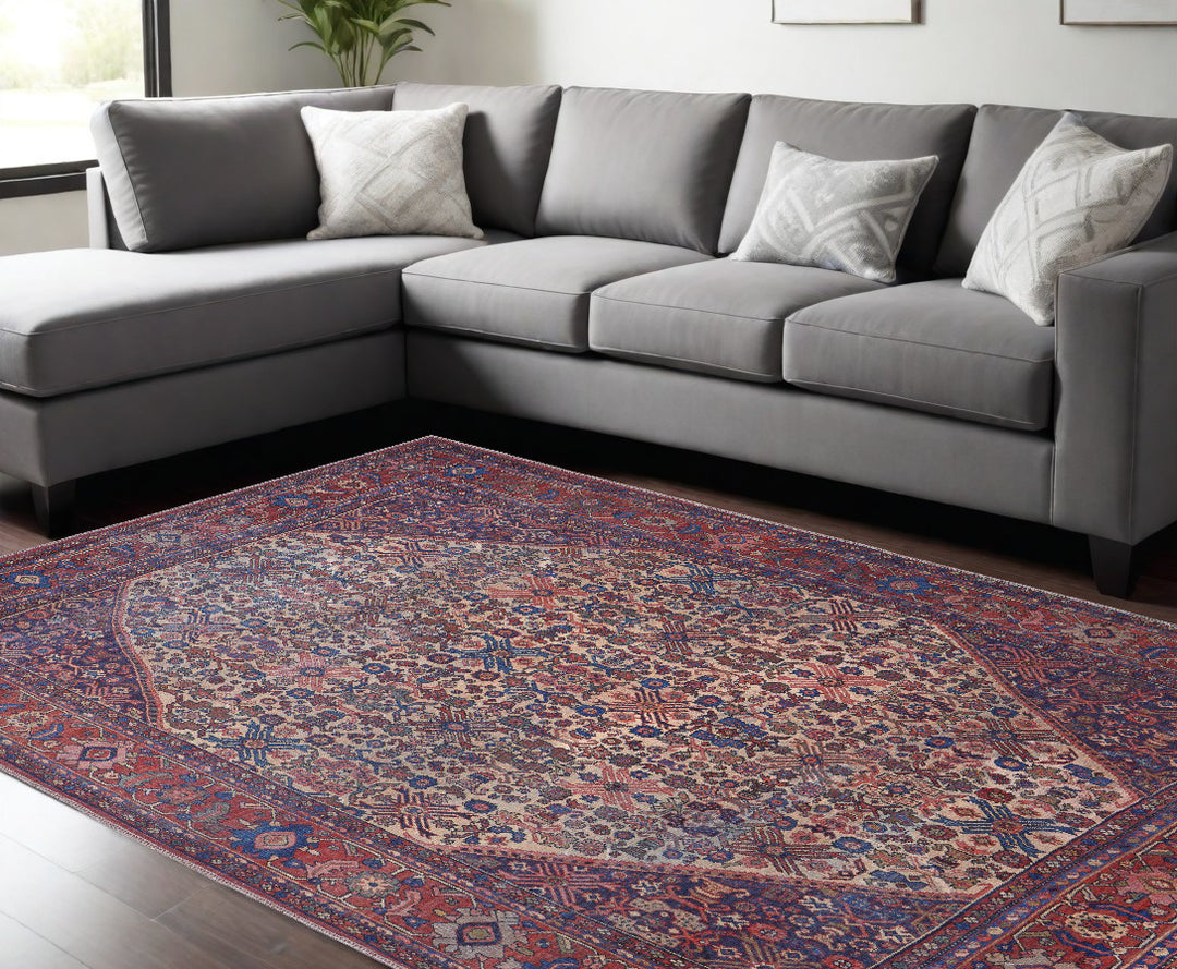 4' X 6' Red Tan And Blue Floral Power Loom Area Rug