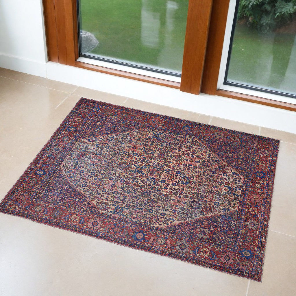 4' X 6' Red Tan And Blue Floral Power Loom Area Rug