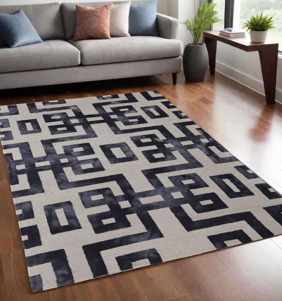 10' X 14' Ivory And Black Wool Tufted Handmade Area Rug