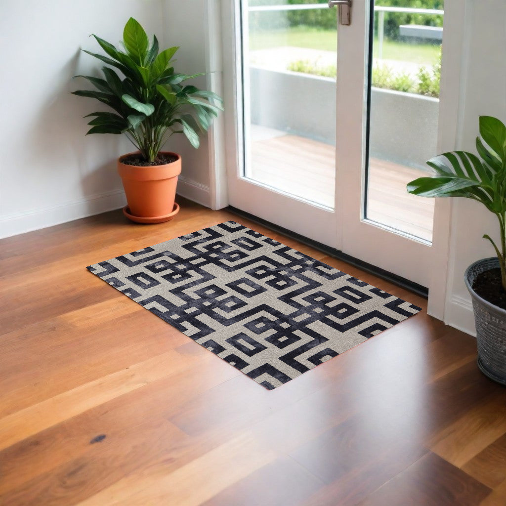 10' X 14' Ivory And Black Wool Tufted Handmade Area Rug