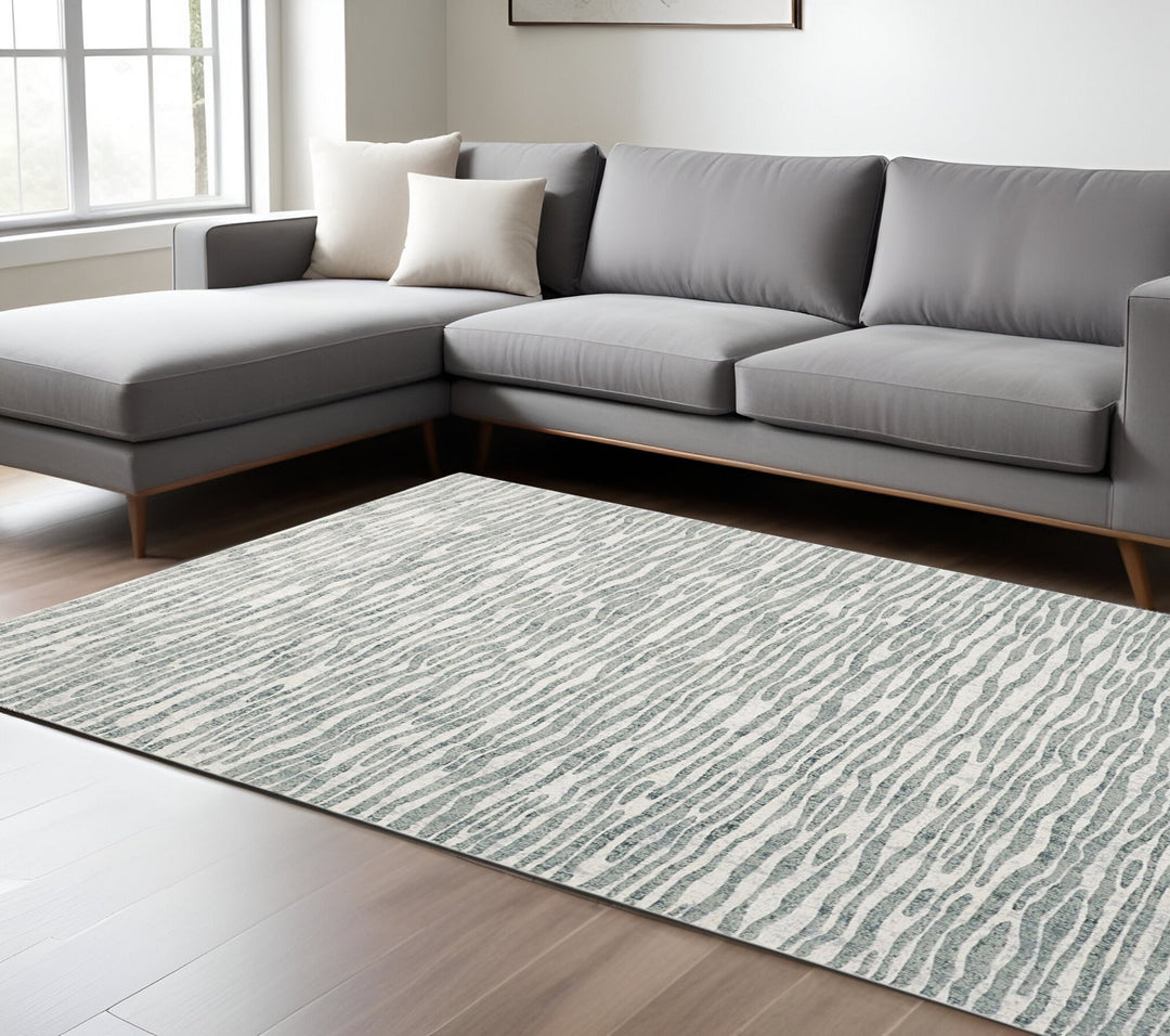 10' X 13' Gray Green And Ivory Striped Distressed Stain Resistant Area Rug