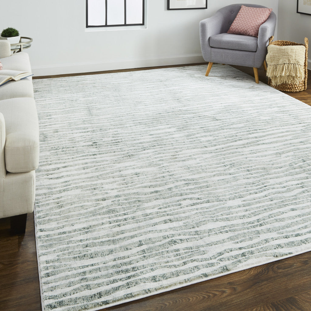 10' X 13' Gray Green And Ivory Striped Distressed Stain Resistant Area Rug