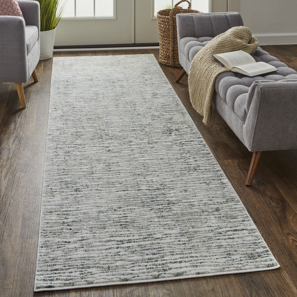 10' X 13' Gray Green And Ivory Striped Distressed Stain Resistant Area Rug