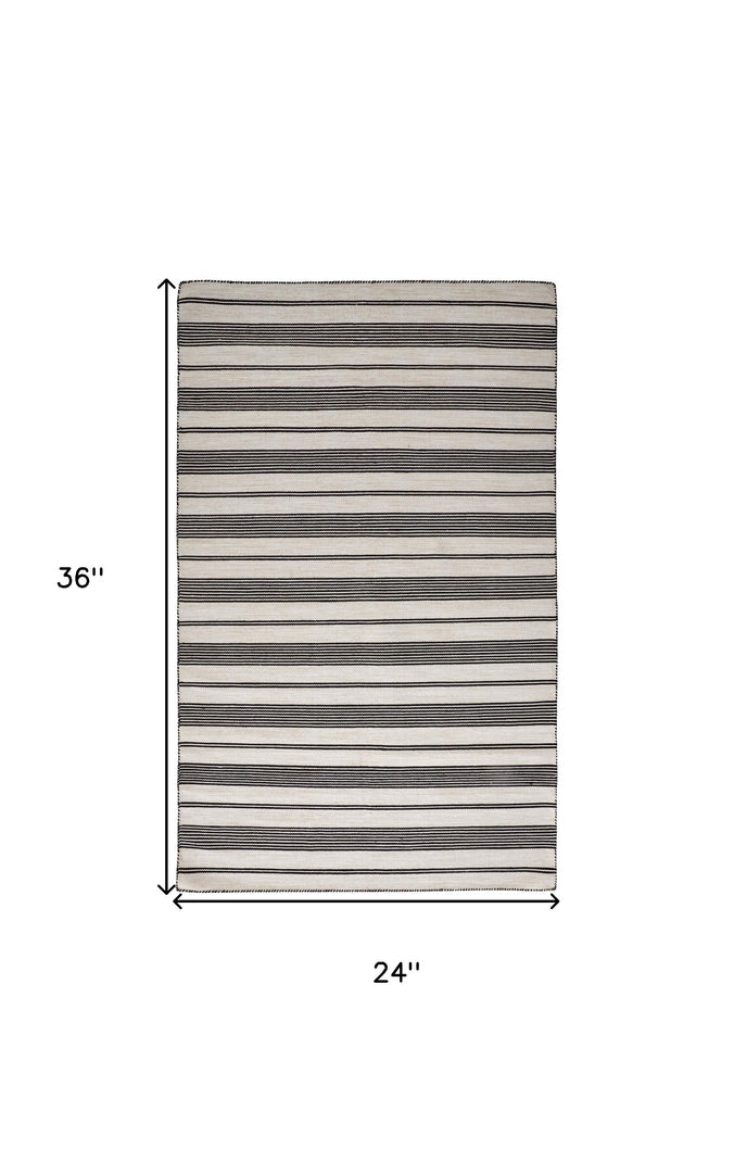 2' X 3' Black And White Striped Dhurrie Hand Woven Stain Resistant Area Rug