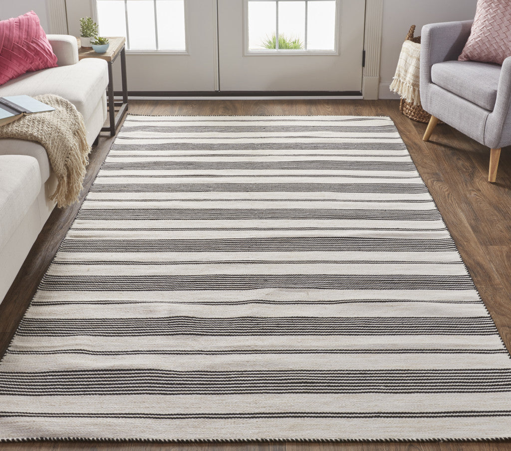 2' X 3' Black And White Striped Dhurrie Hand Woven Stain Resistant Area Rug