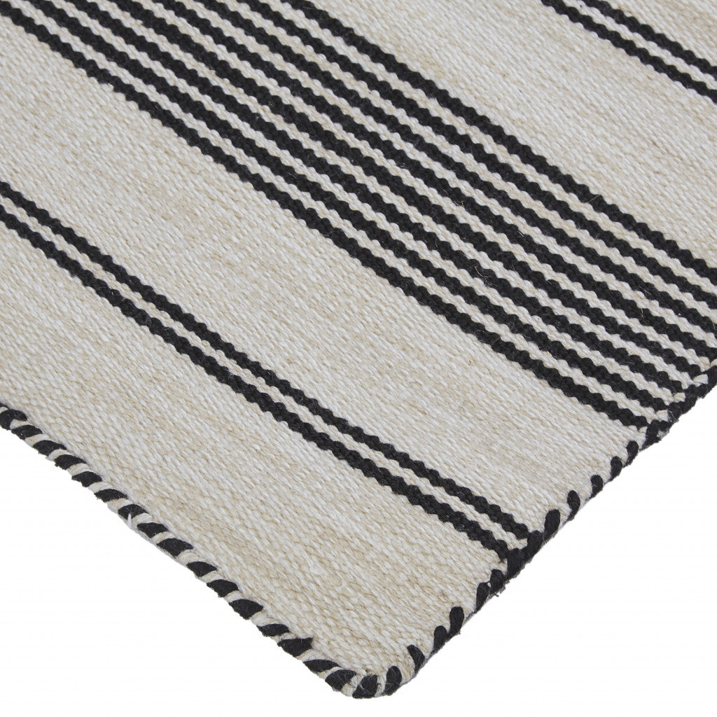 2' X 3' Black And White Striped Dhurrie Hand Woven Stain Resistant Area Rug