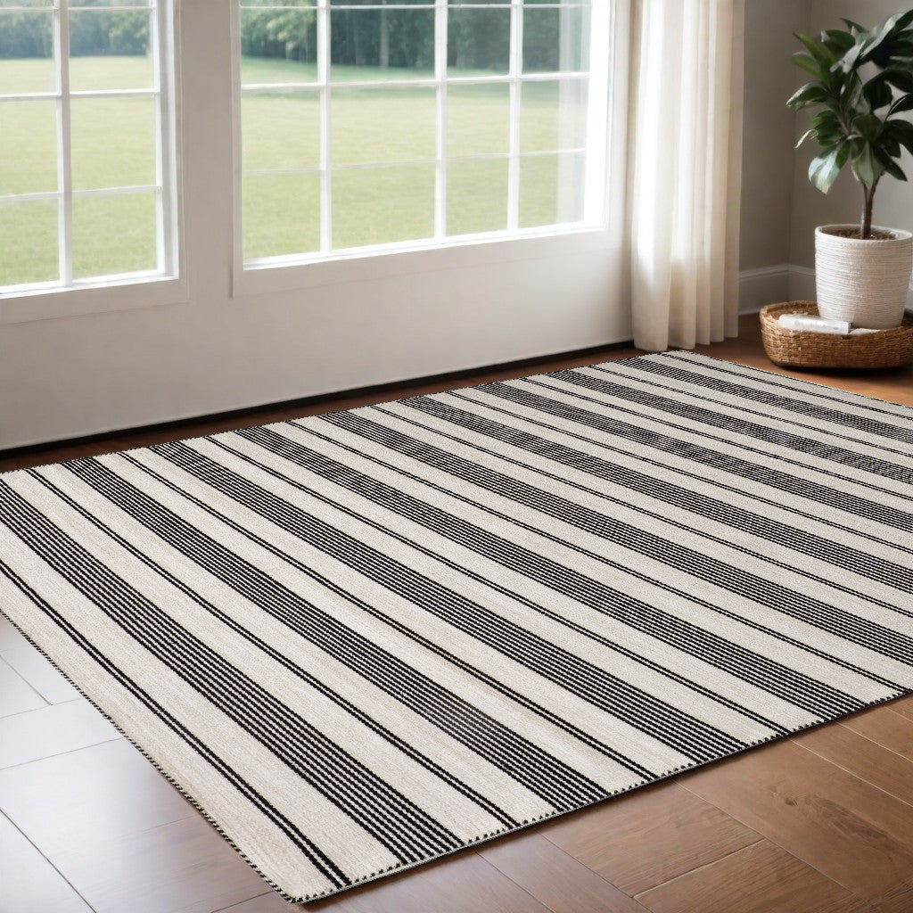 2' X 3' Black And White Striped Dhurrie Hand Woven Stain Resistant Area Rug