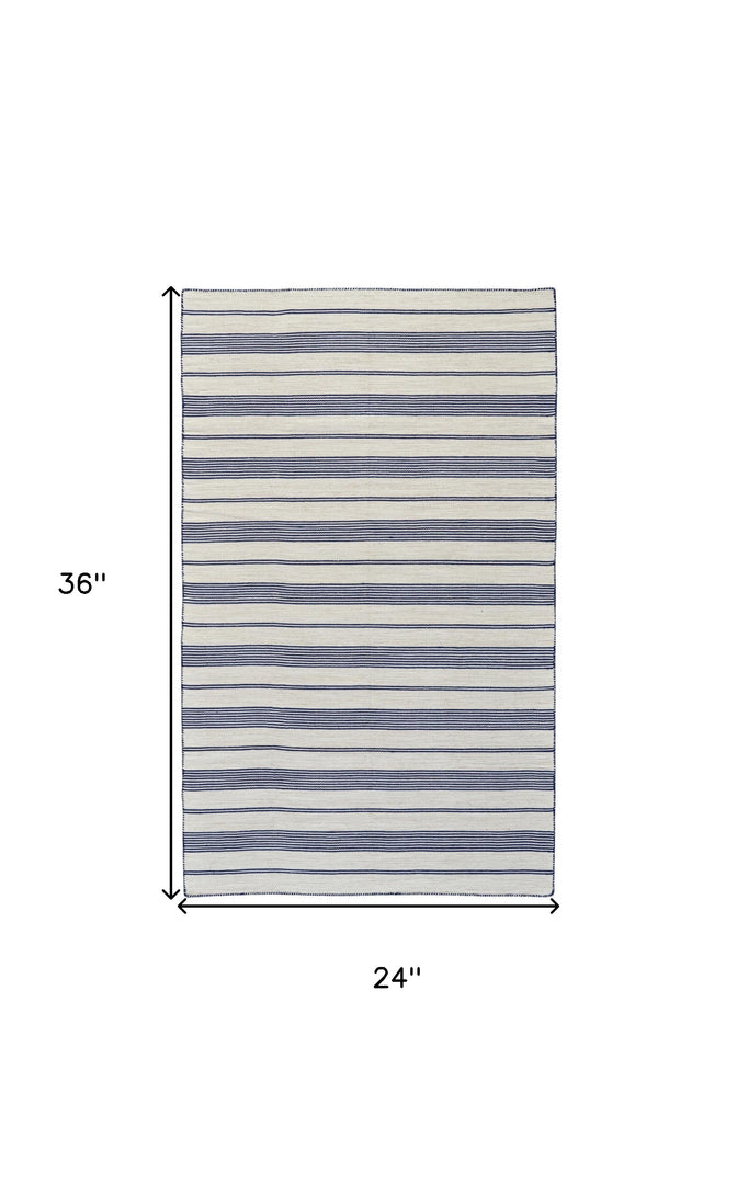 2' X 3' Blue And Ivory Striped Dhurrie Hand Woven Stain Resistant Area Rug