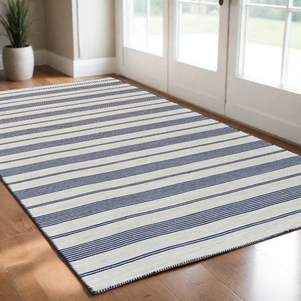 2' X 3' Blue And Ivory Striped Dhurrie Hand Woven Stain Resistant Area Rug