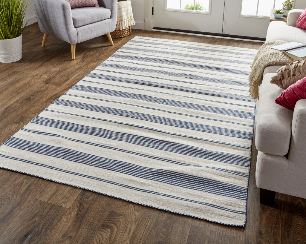 2' X 3' Blue And Ivory Striped Dhurrie Hand Woven Stain Resistant Area Rug