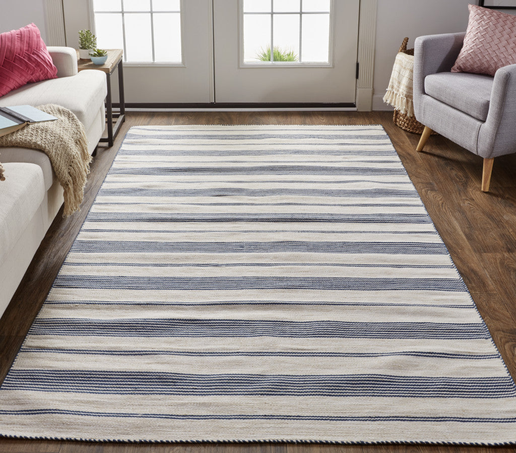 2' X 3' Blue And Ivory Striped Dhurrie Hand Woven Stain Resistant Area Rug