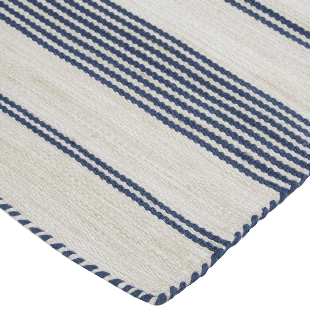 2' X 3' Blue And Ivory Striped Dhurrie Hand Woven Stain Resistant Area Rug