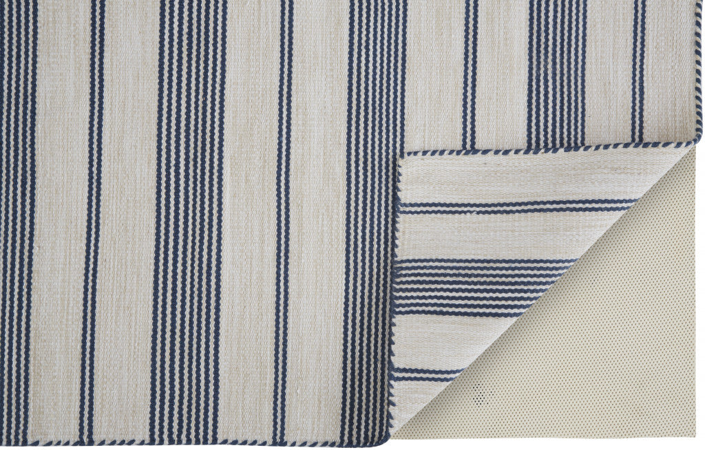 2' X 3' Blue And Ivory Striped Dhurrie Hand Woven Stain Resistant Area Rug