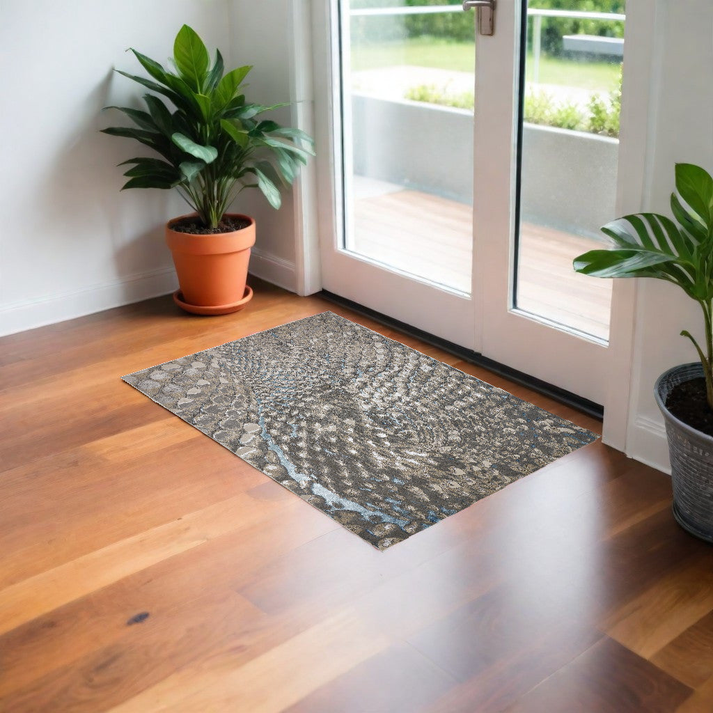 2' X 3' Blue Silver And Gray Geometric Stain Resistant Area Rug