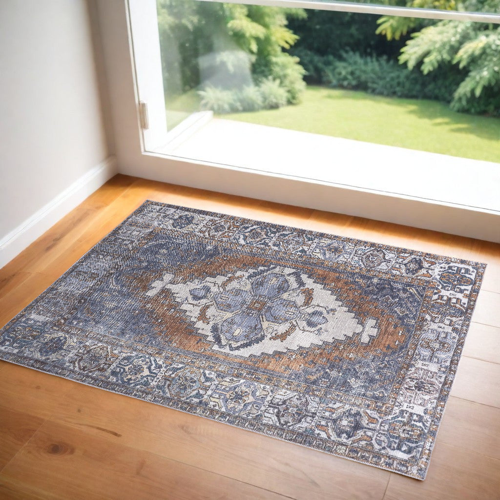 2' X 3' Blue Ivory And Brown Floral Area Rug