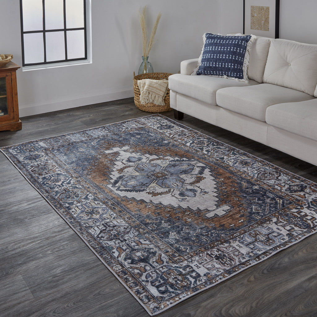 2' X 3' Blue Ivory And Brown Floral Area Rug