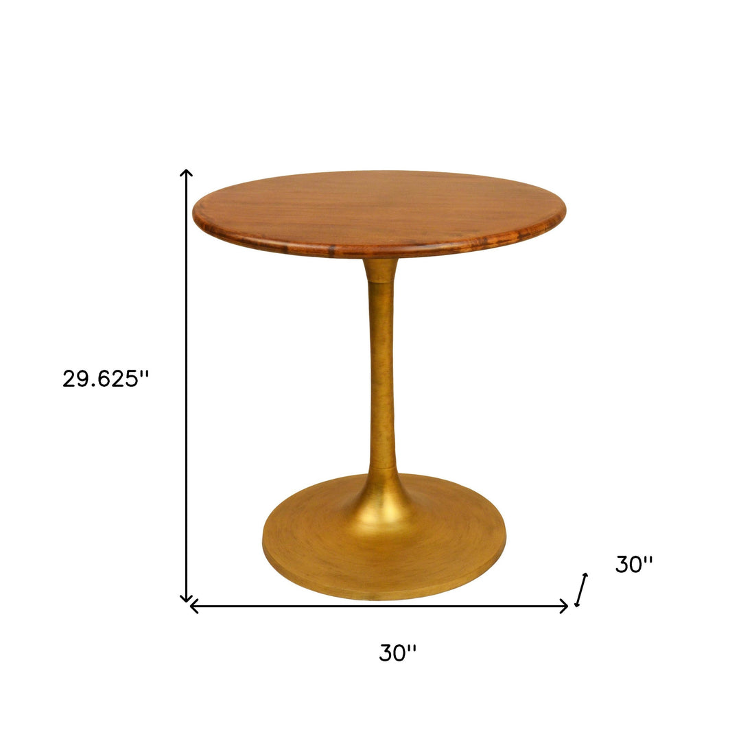 30" Brown and Gold Round Solid Wood and Iron Pedestal Dining Table