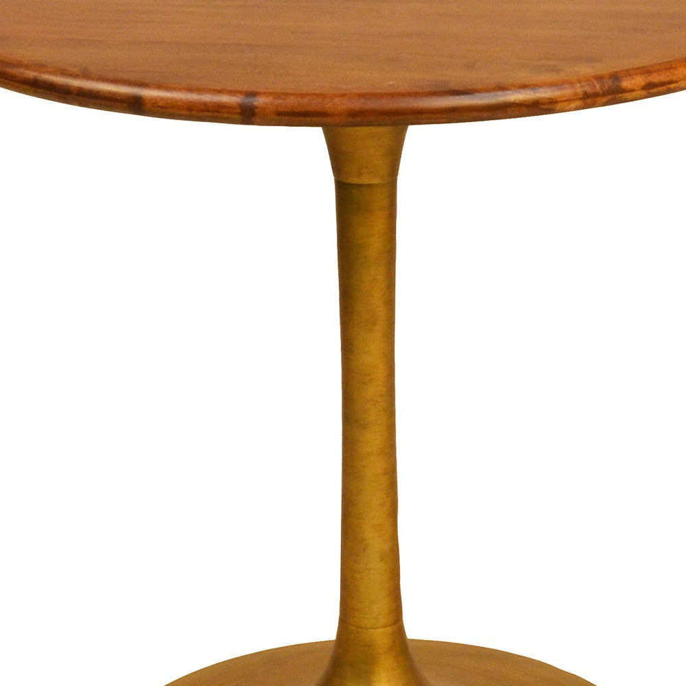 30" Brown and Gold Round Solid Wood and Iron Pedestal Dining Table