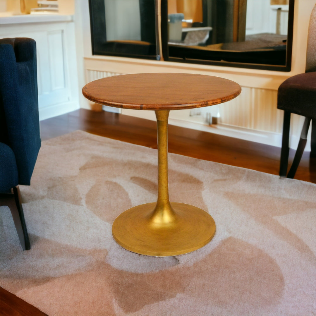 30" Brown and Gold Round Solid Wood and Iron Pedestal Dining Table