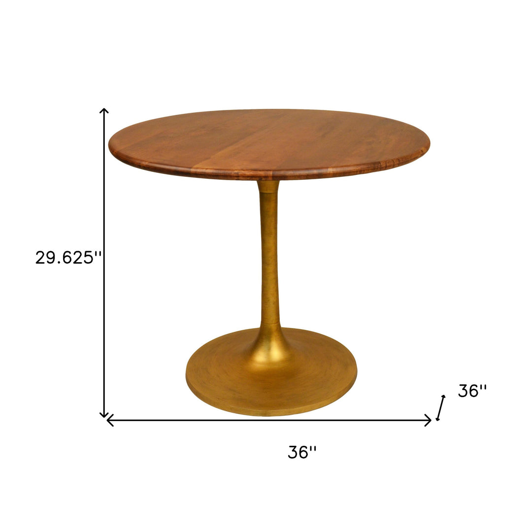 36-Inch Brown and Gold Solid Wood and Iron Pedestal Dining Table