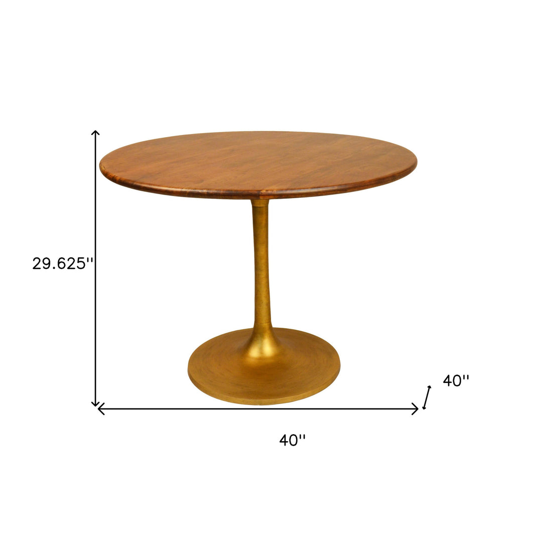 40" Brown And Gold Rounded Solid Wood And Iron Pedestal Base Dining Table