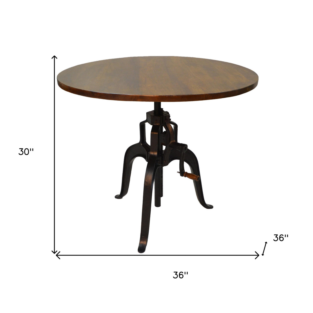 Adjustable Height Brown And Black Solid Wood And Iron Round Top Dining Table