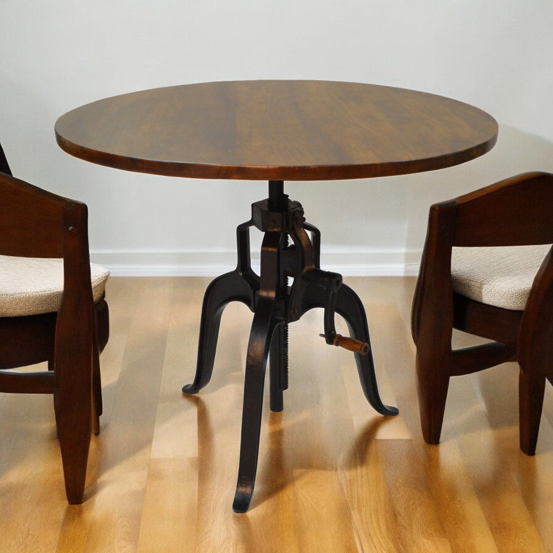 Adjustable Height Brown And Black Solid Wood And Iron Round Top Dining Table