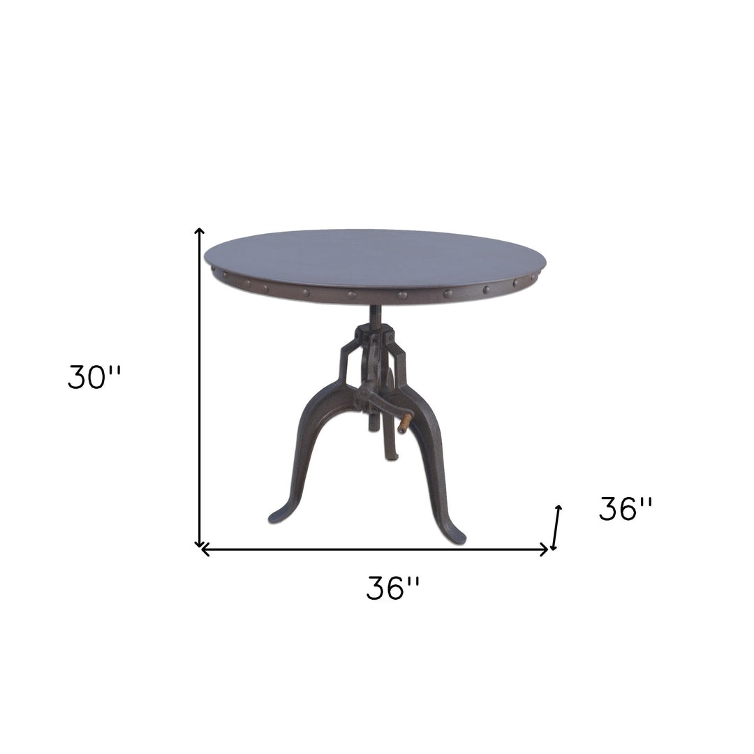 36-Inch Adjustable Industrial Gray Round Dining Table with Crank Pedestal