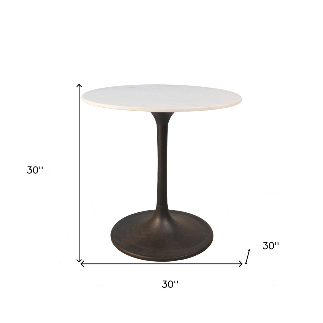 30-Inch White Marble and Black Iron Pedestal Dining Table