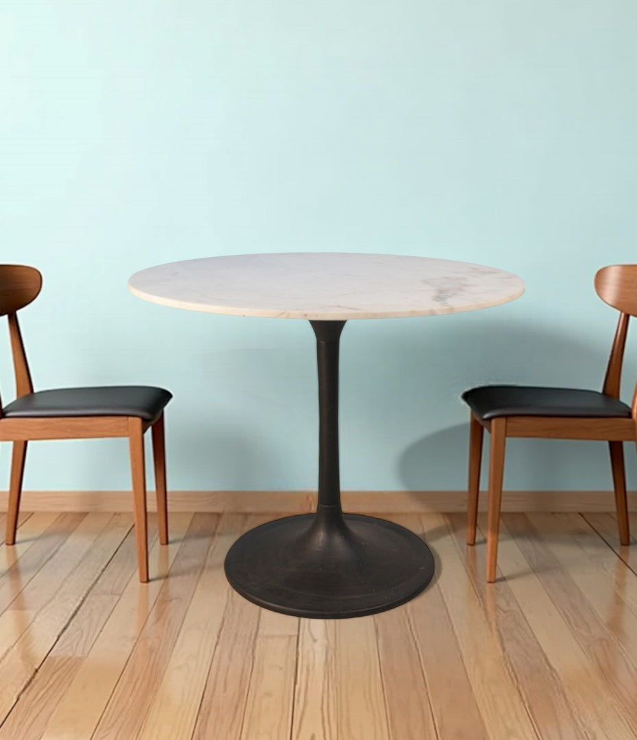 Modern 36" White and Black Round Marble Pedestal Dining Table