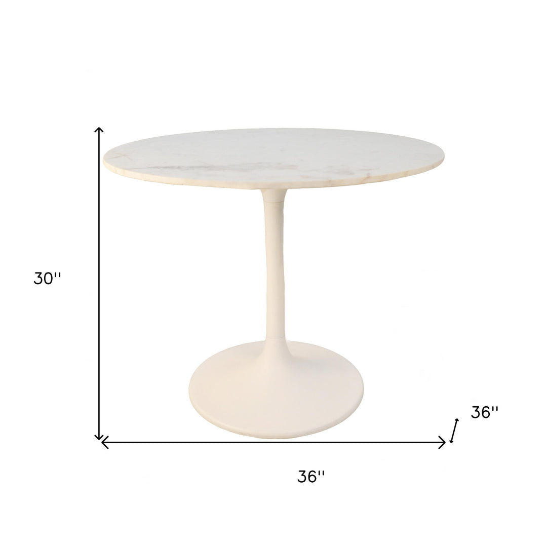 36" White Marble and Iron Pedestal Base Dining Table