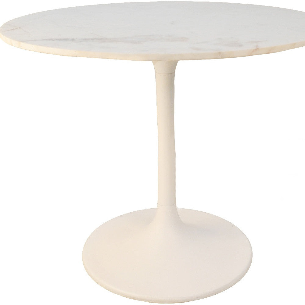 36" White Marble and Iron Pedestal Base Dining Table