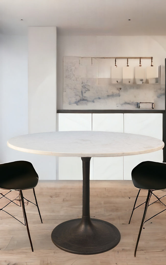 40" White and Black Round Marble Dining Table with Pedestal Base