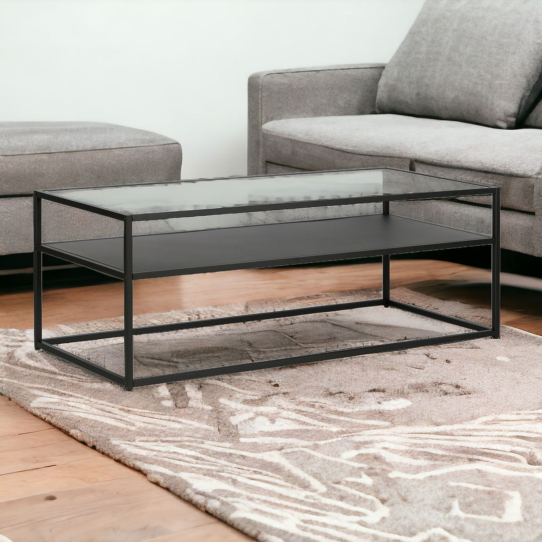 46-Inch Black Glass and Steel Coffee Table with Storage Shelf