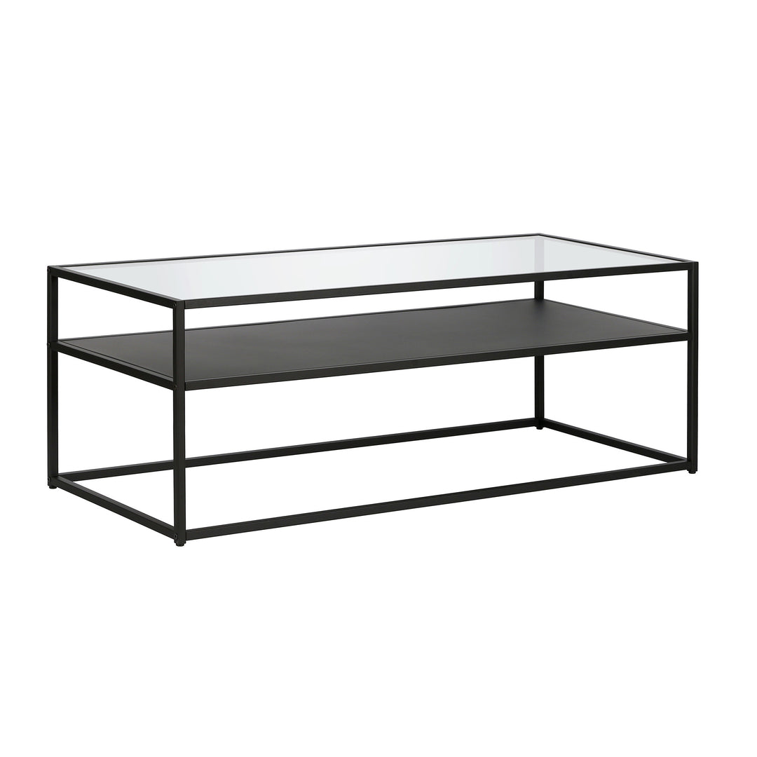 46-Inch Black Glass and Steel Coffee Table with Storage Shelf