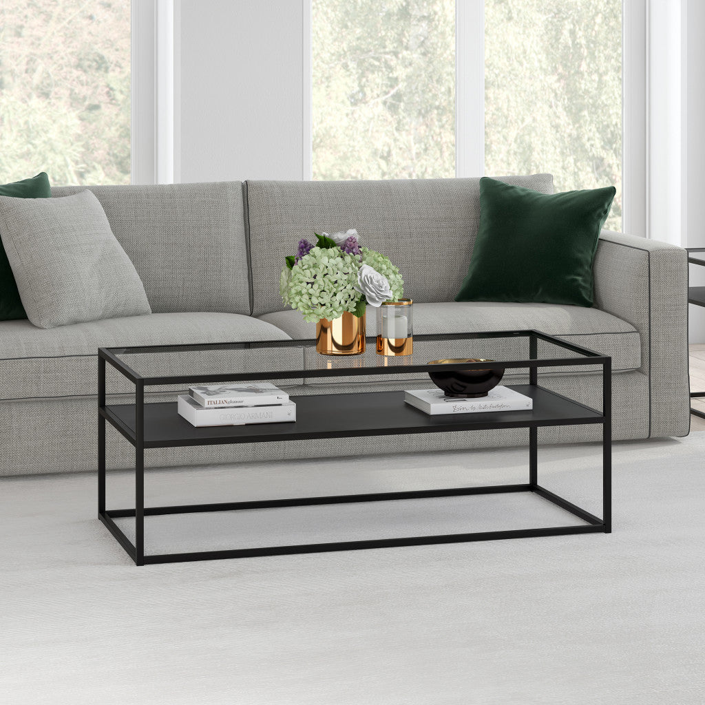 46-Inch Black Glass and Steel Coffee Table with Storage Shelf