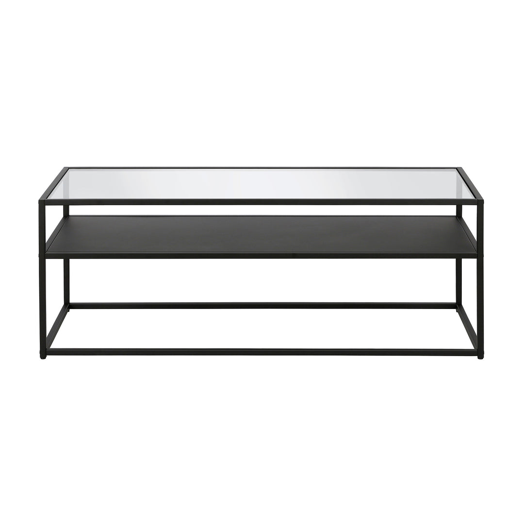 46-Inch Black Glass and Steel Coffee Table with Storage Shelf