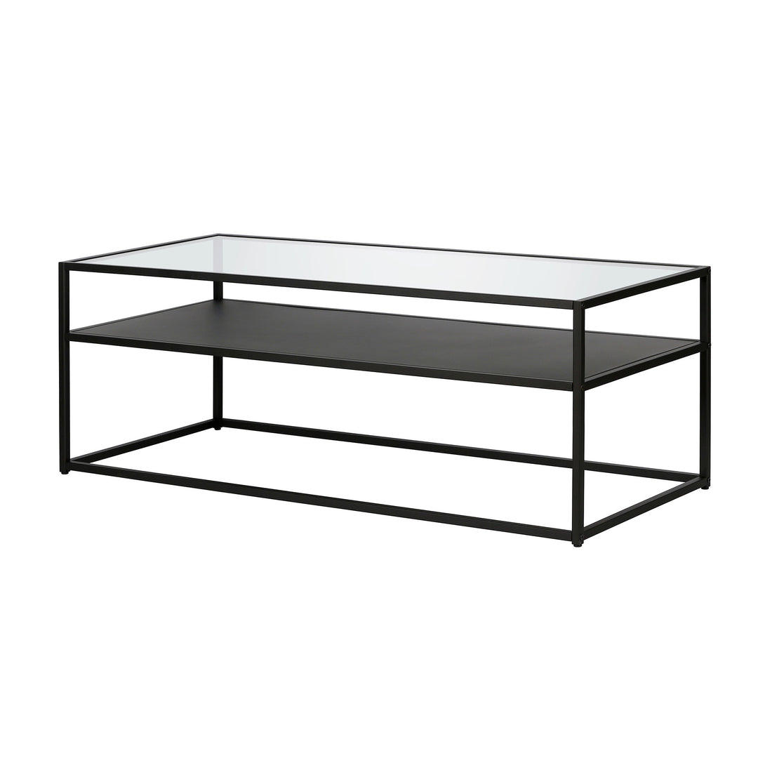 46-Inch Black Glass and Steel Coffee Table with Storage Shelf