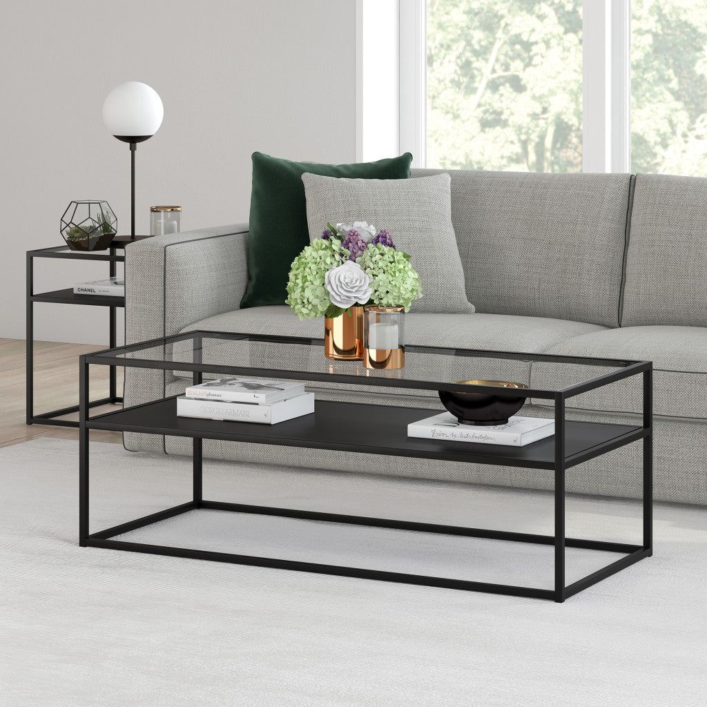 46-Inch Black Glass and Steel Coffee Table with Storage Shelf