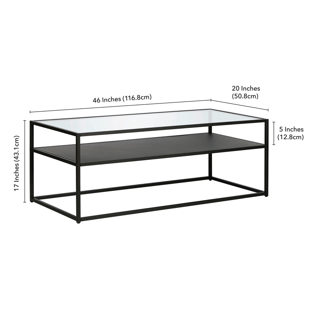 46-Inch Black Glass and Steel Coffee Table with Storage Shelf