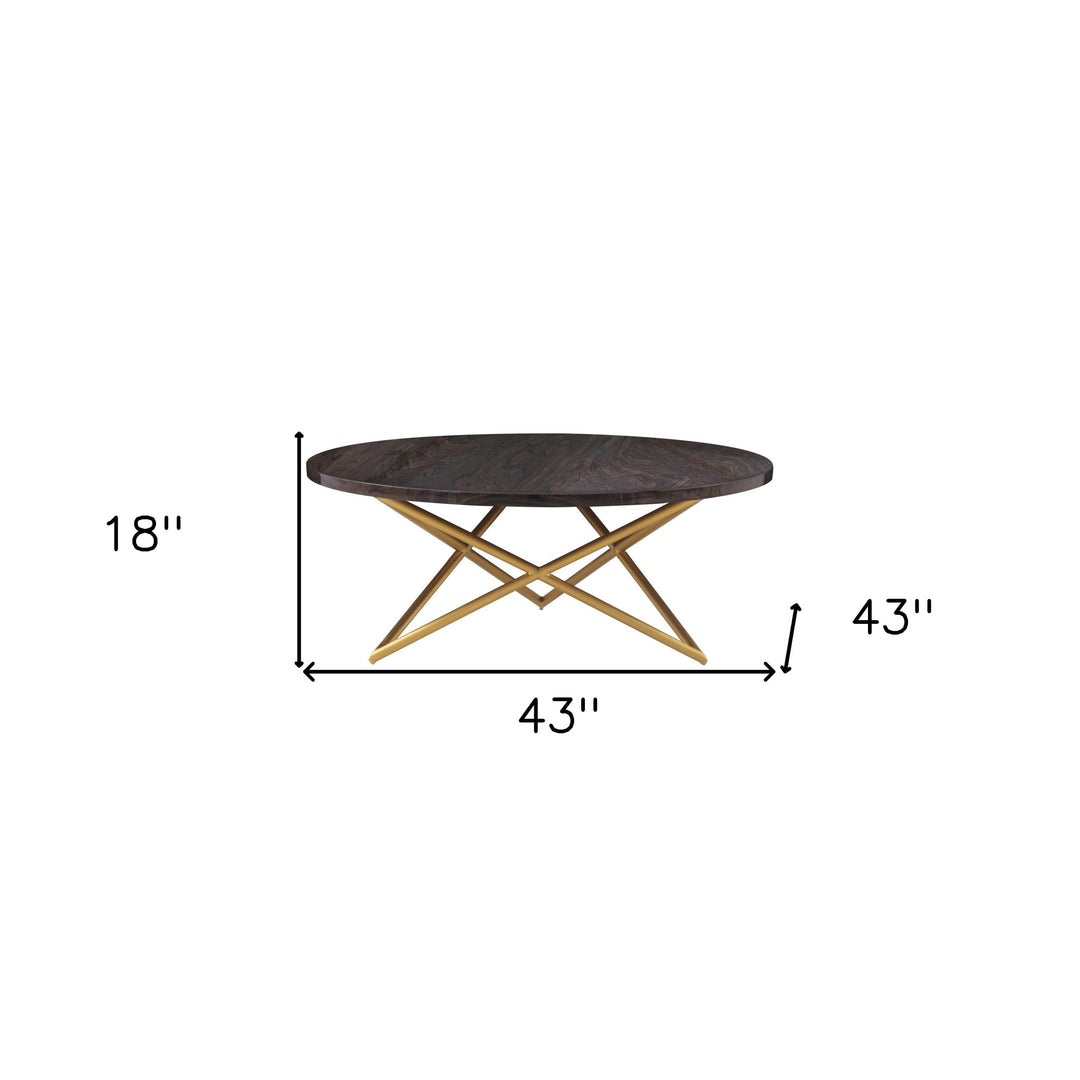 43-Inch Brown Marble and Gold Metal Round Coffee Table