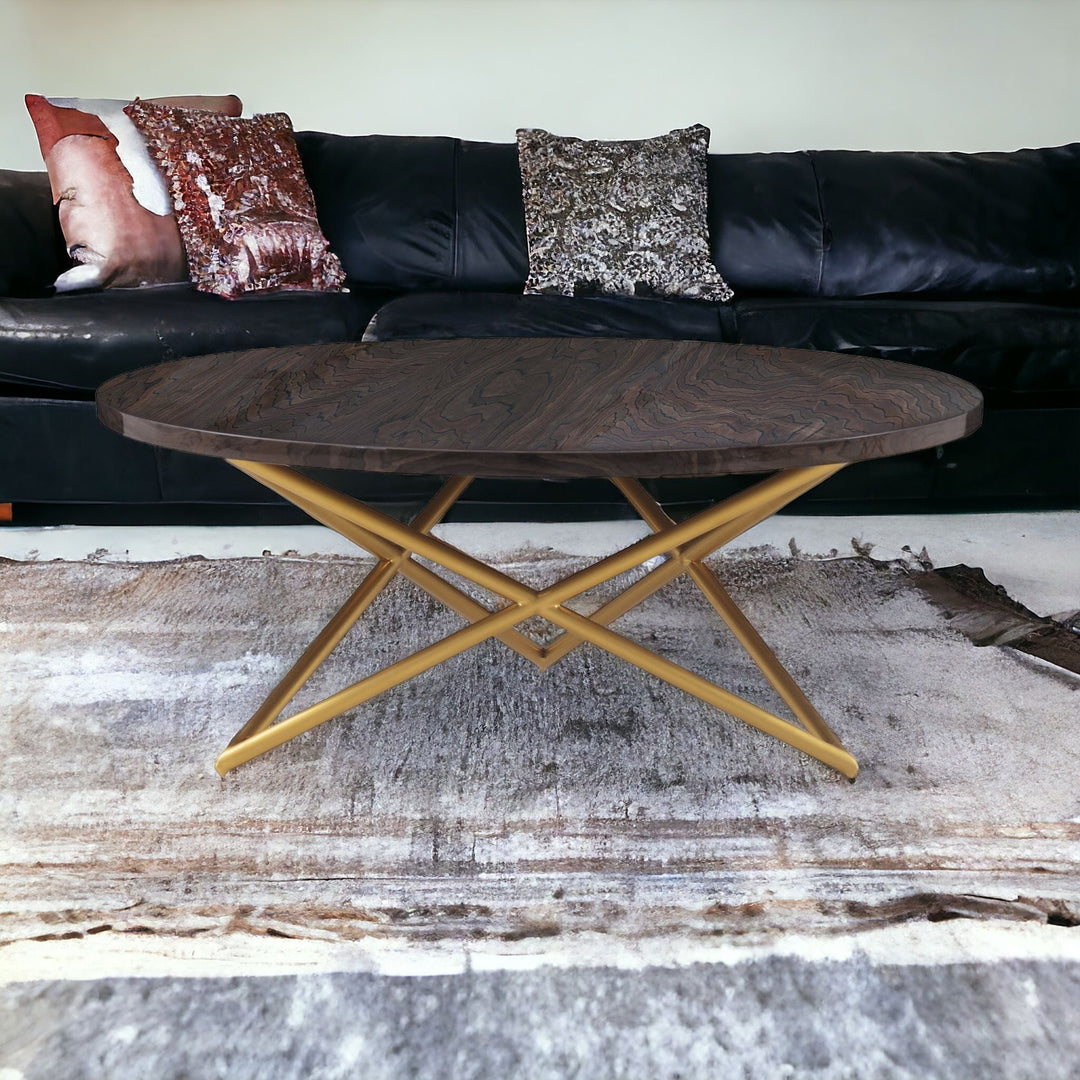 43-Inch Brown Marble and Gold Metal Round Coffee Table