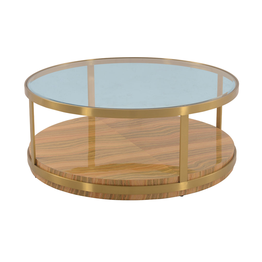 43-Inch Clear Glass, Gold, and Brown Wood and Metal Round Coffee Table with Shelf