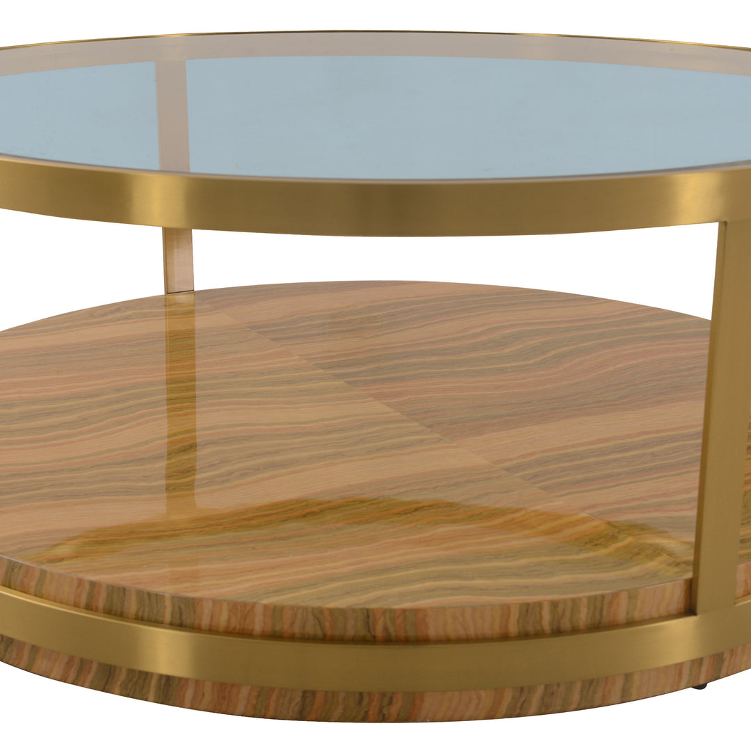 43-Inch Clear Glass, Gold, and Brown Wood and Metal Round Coffee Table with Shelf