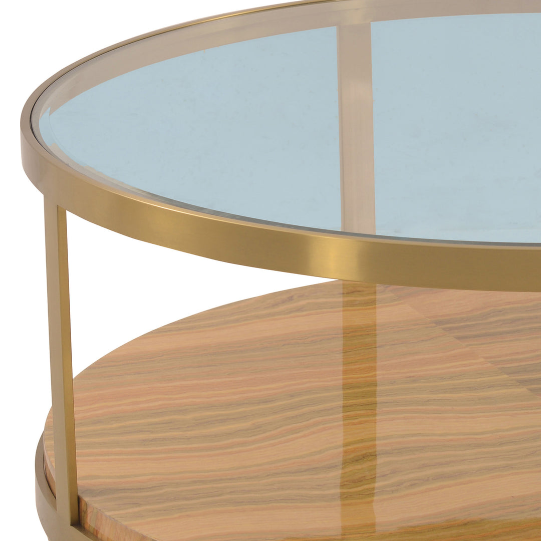 43-Inch Clear Glass, Gold, and Brown Wood and Metal Round Coffee Table with Shelf