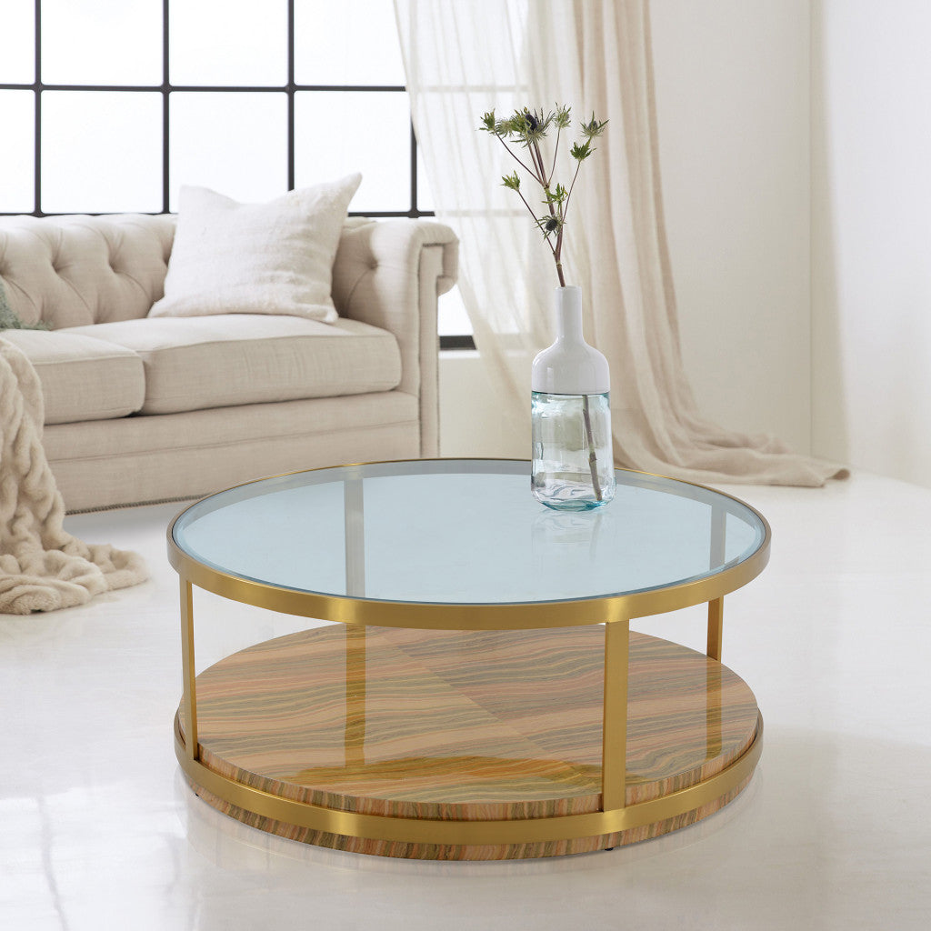 43-Inch Clear Glass, Gold, and Brown Wood and Metal Round Coffee Table with Shelf